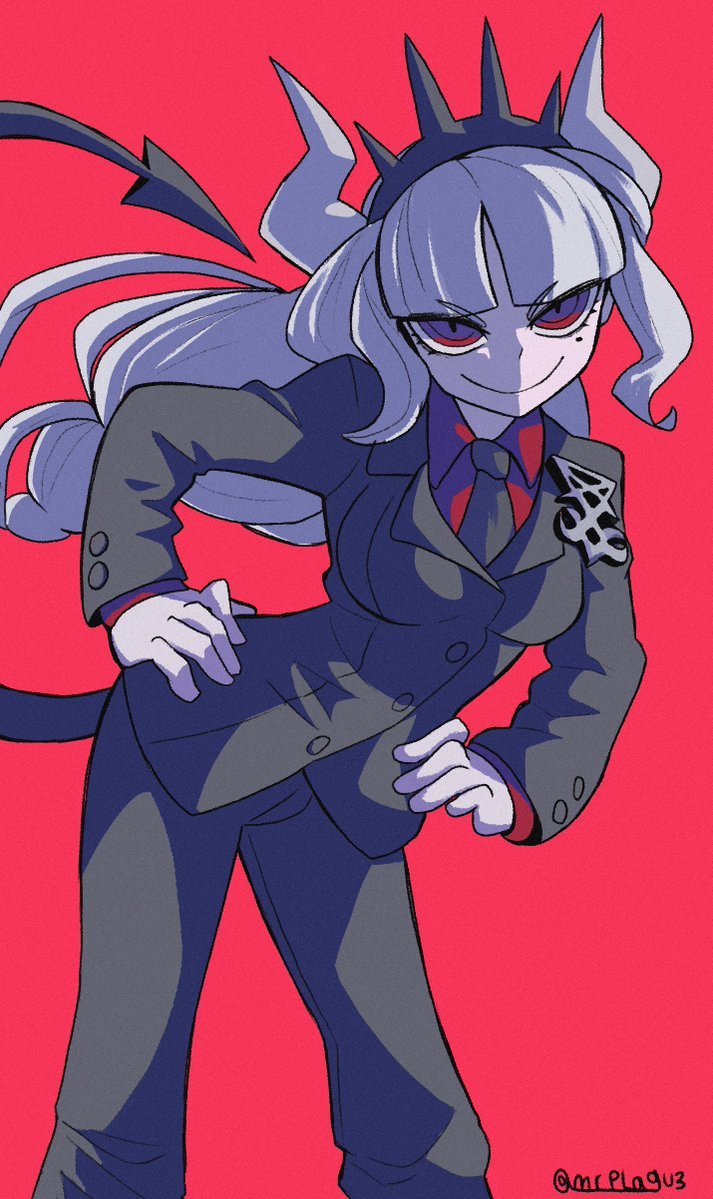 1girl bangs black_jacket black_necktie blunt_bangs breasts buttons contrapposto demon_girl demon_horns demon_tail gloves helltaker horns jacket large_breasts long_hair looking_at_viewer lucifer_(helltaker) mole mole_under_eye mr_plagu3 necktie red_background red_eyes red_shirt shading_mismatch shirt smile solo tail twitter_username white_hair white_horns