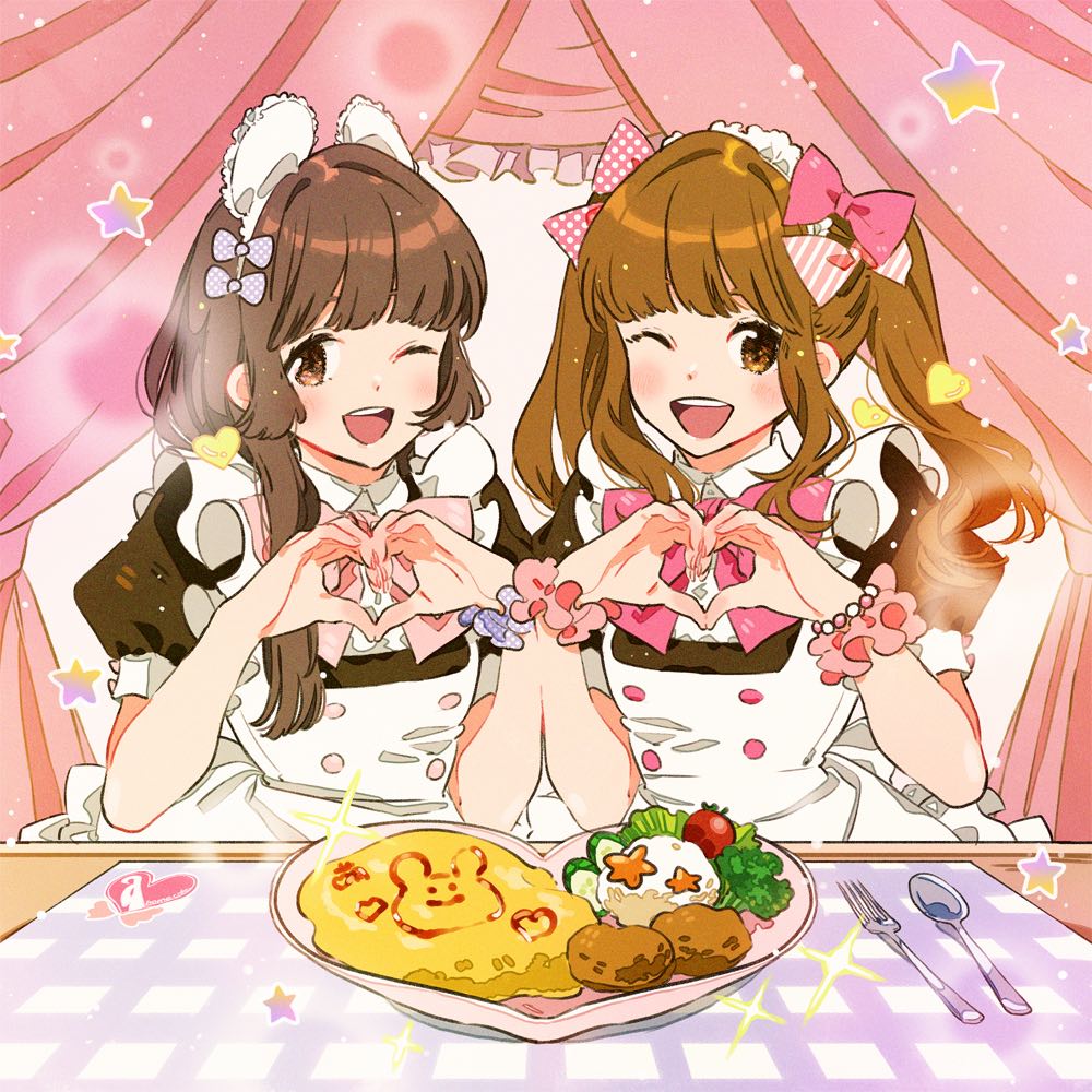 2girls album_cover animal_ears apron at-home_cafe bangs blue_bow blue_scrunchie blunt_bangs bow bowtie bracelet brown_eyes brown_hair buttons center_frills collar commentary cover curtains decorations double-breasted elbow_rest fake_animal_ears finger_heart food food_request fork frilled_apron frilled_curtains frills group_name hair_bow hair_ornament hair_over_shoulder happy heart jewelry keishin lettuce logo long_hair looking_at_viewer maid maid_apron maid_headdress multiple_girls omelet omurice one_eye_closed own_hands_together pink_bow pink_bowtie pink_scrunchie plate polka_dot polka_dot_bow polka_dot_scrunchie puffy_short_sleeves puffy_sleeves scrunchie short_sleeves sleeve_cuffs smile spoon star_(symbol) striped striped_bow tablecloth teeth tomato too_many too_many_hearts twintails two-tone_bow upper_body upper_teeth vertical-striped_bow vertical_stripes white_apron white_collar white_headdress