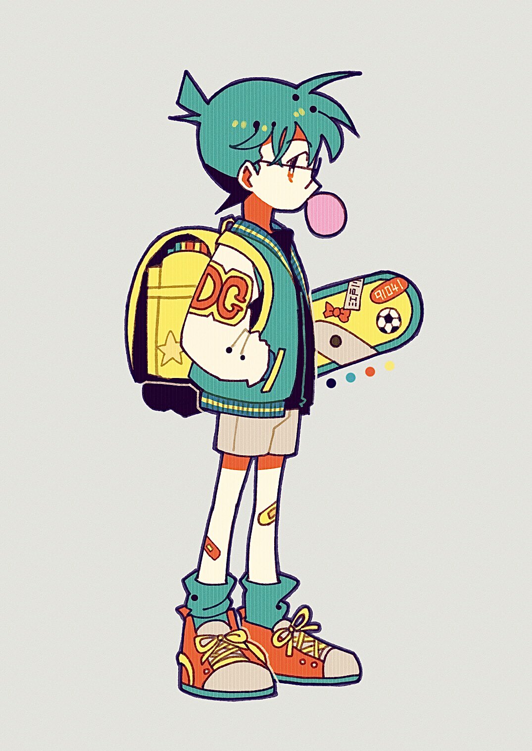 1boy backpack bag bandage_on_knee bangs edogawa_conan from_side full_body glasses green_hair green_jacket green_socks grey_background hand_in_pocket highres holding jacket meitantei_conan open_clothes open_jacket red_eyes red_footwear shiny shiny_hair shoes short_hair sideways_glance simple_background socks solo standing tenteko_mai51 white_jacket yellow_bag