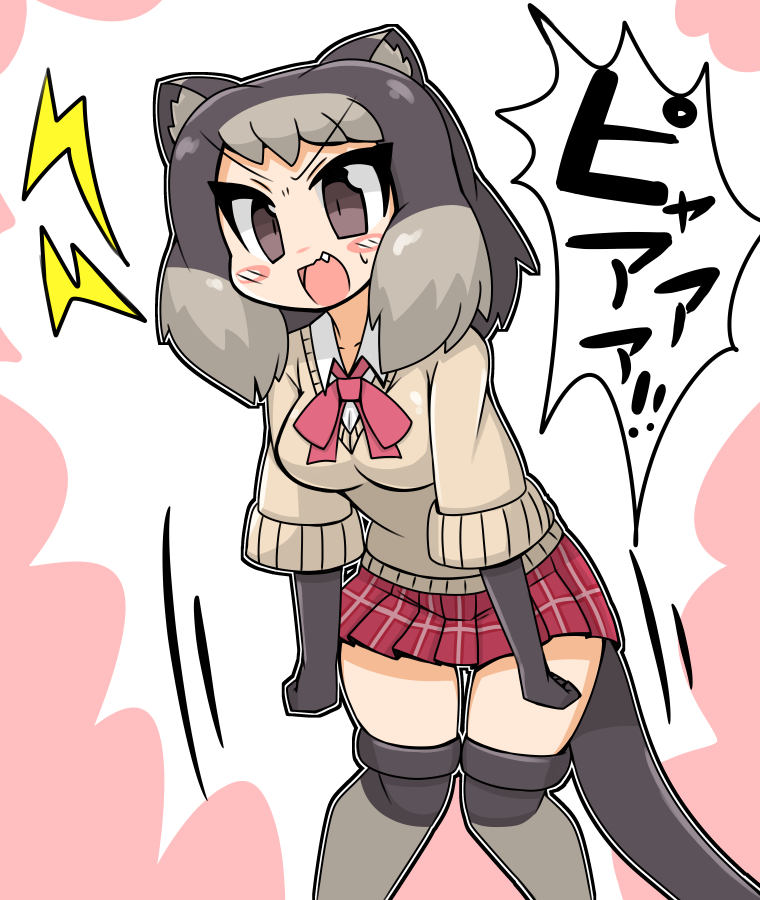 1girl alpine_marmot_(kemono_friends) animal_ears blush_stickers bow bowtie brown_eyes brown_hair chibi fang feet_out_of_frame gloves grey_hair kemono_friends leaning_forward medium_hair microskirt multicolored_hair open_mouth over-kneehighs plaid plaid_skirt shouting skirt solo standing sweater tail tareme thigh-highs v-shaped_eyebrows wirou zettai_ryouiki