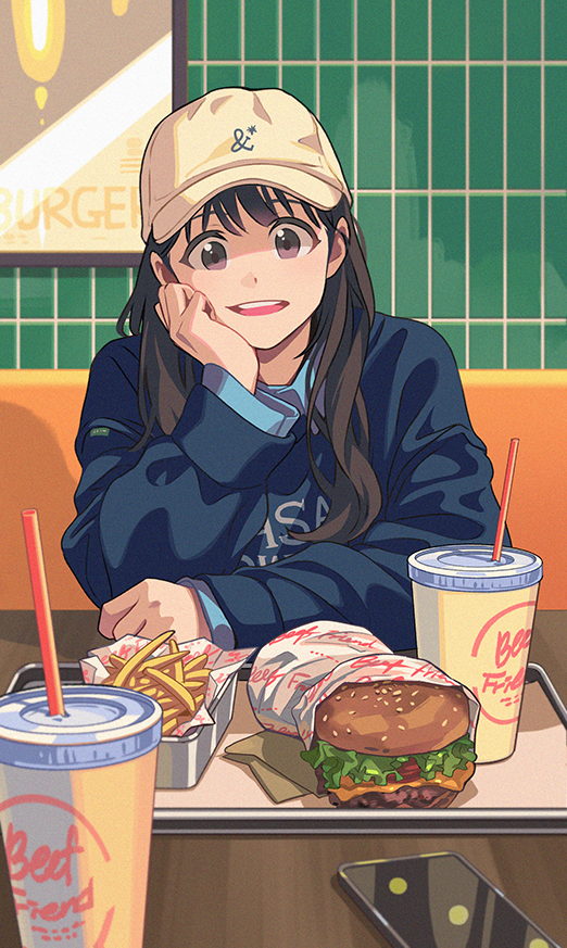 1girl :d bangs bf._(sogogiching) blue_shirt bread brown_hair burger cellphone commentary_request cup disposable_cup drinking_straw fast_food food french_fries hat head_tilt indoors korean_commentary lettuce long_hair long_sleeves looking_at_viewer open_mouth original phone sesame_seeds shirt sliced_cheese smile solo table teeth tile_wall tiles tomato tomato_slice tongue tray upper_teeth yellow_headwear