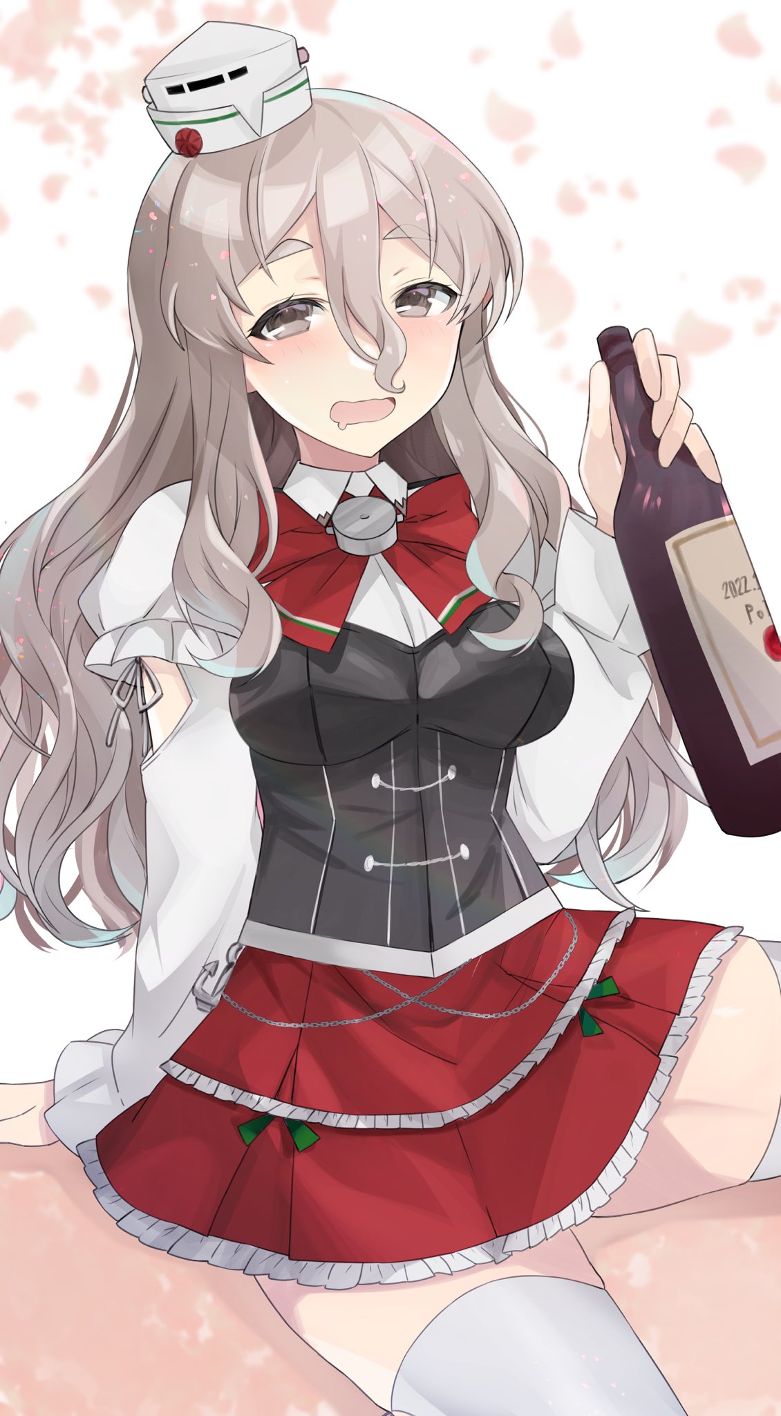 1girl bodice bottle bow bowtie brown_eyes collarbone commentary_request drooling drunk grey_hair hair_between_eyes happy_birthday hat highres kantai_collection mini_hat miniskirt open_mouth pola_(kancolle) red_bow red_bowtie red_skirt shirt skirt solo thigh-highs toriniku_senshi_chikinman wavy_hair white_shirt white_thighhighs wine_bottle