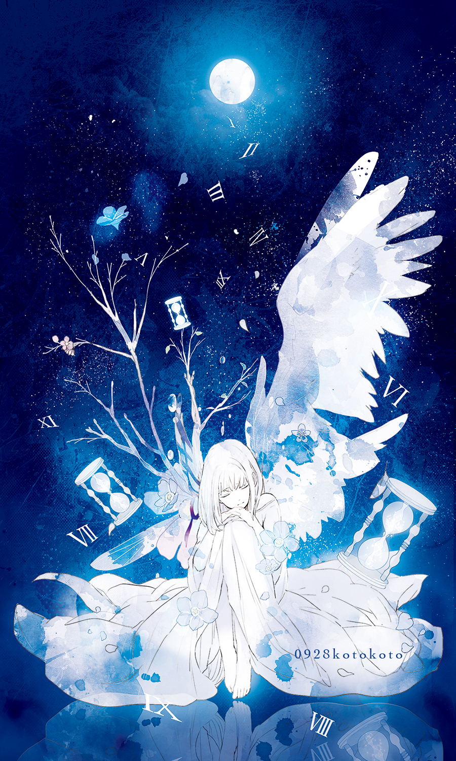 1girl artist_name bangs barefoot blue_background branch closed_mouth dress facing_viewer feathered_wings flower hands_on_own_knees highres hourglass knees_up kotokoto_(vibgyor) mixed-language_commentary moon original petals reflective_floor roman_numeral short_hair sitting solo white_dress wings