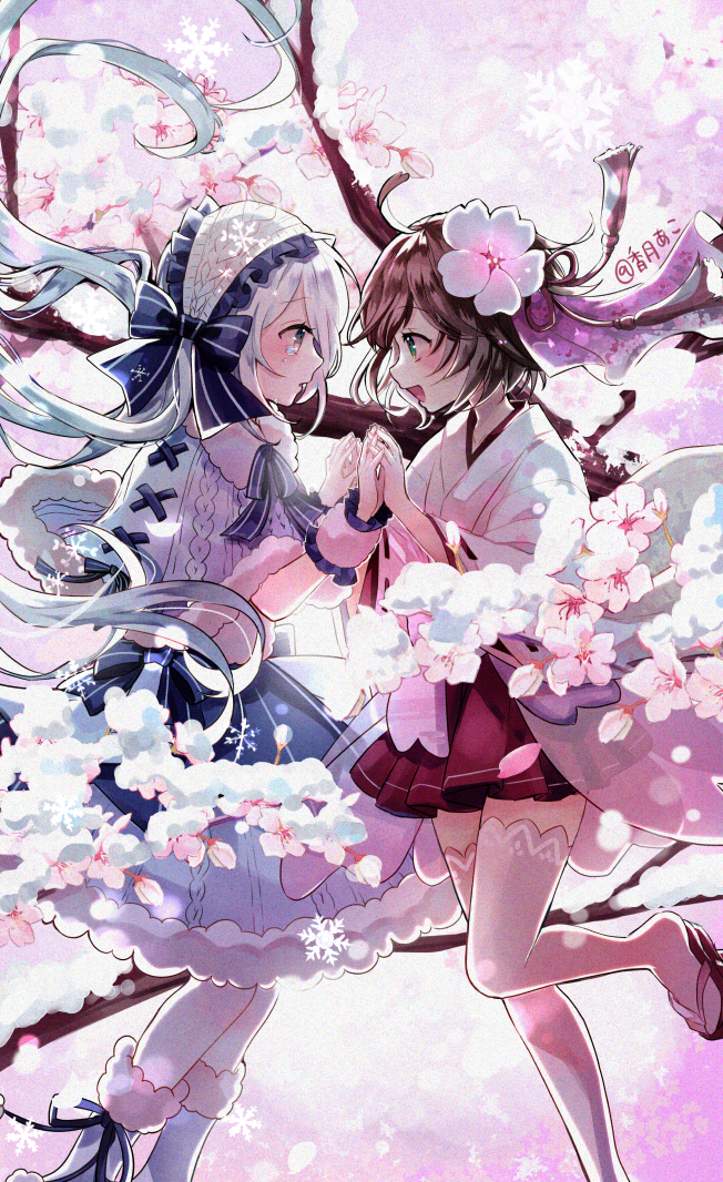 2girls :d blue_bow blue_capelet blue_eyes blue_ribbon blush bow brown_hair capelet eye_contact floating_hair flower from_side green_eyes hair_bow hair_flower hair_ornament hairband hand_to_hand japanese_clothes kimono kodukiako leg_up lolita_hairband long_hair looking_at_another miniskirt multiple_girls neck_ribbon open_mouth original pantyhose pink_flower pleated_skirt red_skirt ribbon shiny shiny_hair short_hair skirt smile striped striped_bow thigh-highs twintails very_long_hair white_flower white_hair white_kimono white_pantyhose zettai_ryouiki