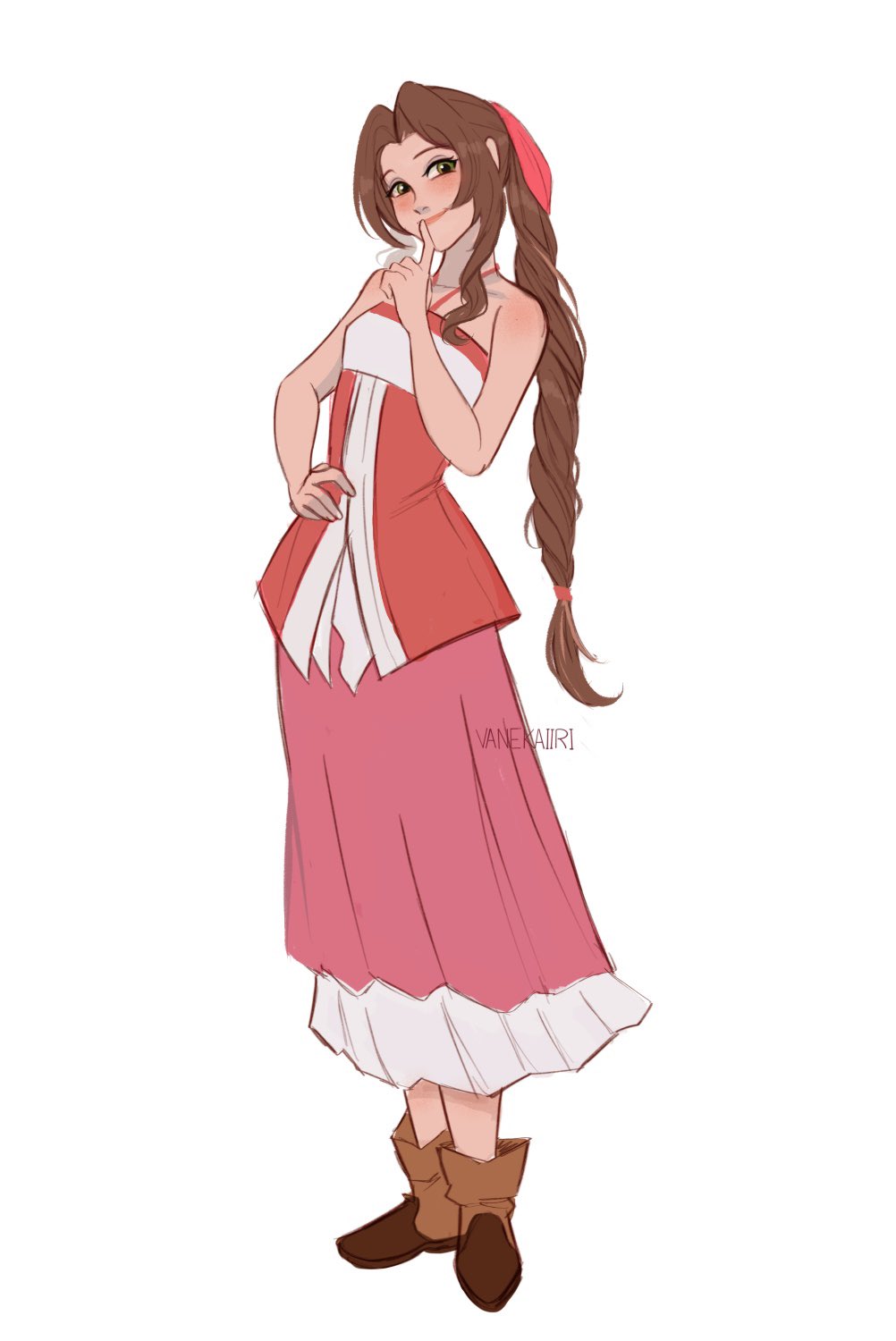 1girl aerith_gainsborough artist_name bangs bare_arms bare_shoulders blush boots braid braided_ponytail breasts brown_footwear brown_hair dress final_fantasy final_fantasy_vii finger_to_mouth full_body green_eyes hair_ribbon halterneck hand_on_hip highres kingdom_hearts kingdom_hearts_ii long_hair looking_at_viewer medium_breasts parted_bangs pink_dress red_dress red_ribbon ribbon sidelocks smile solo standing vanekairi white_dress