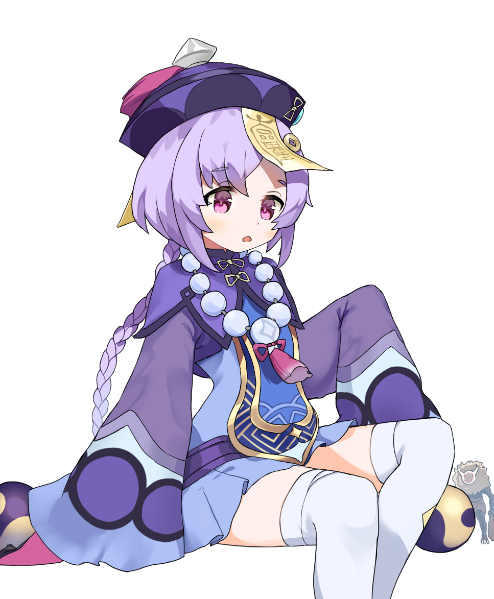 1girl 1other bangs bead_necklace beads cape chinese_clothes coin_hair_ornament commentary_request genshin_impact hair_between_eyes hair_ornament hat hilichurl_(genshin_impact) jewelry jiangshi long_hair long_sleeves low_ponytail mearyo necklace ofuda orb parted_lips purple_hair qing_guanmao qiqi_(genshin_impact) sidelocks simple_background sitting sleeves_past_wrists thigh-highs violet_eyes vision_(genshin_impact) white_background white_thighhighs yin_yang yin_yang_orb zettai_ryouiki