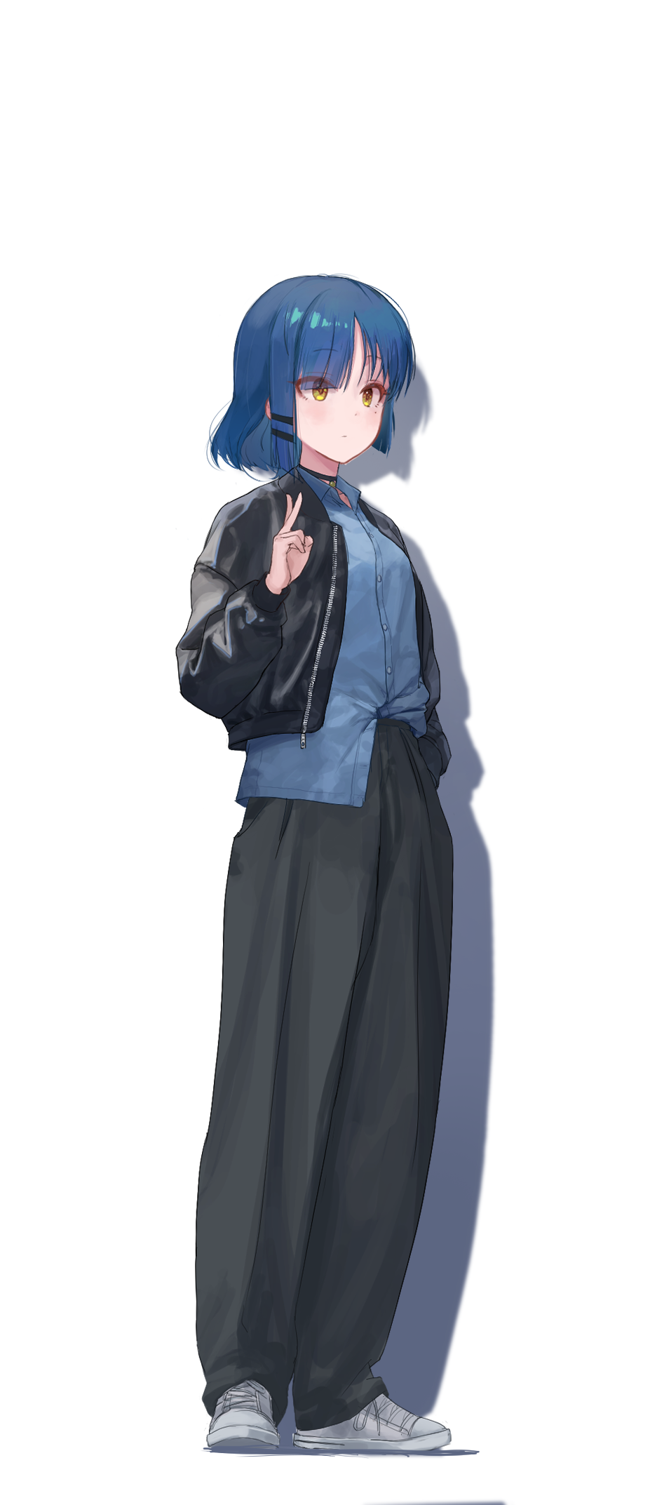 1girl bangs black_jacket black_pants blue_hair blue_shirt bocchi_the_rock! closed_mouth collared_shirt dot_mouth dress_shirt fashion full_body ggoc_ill hair_between_eyes hair_ornament hairclip hand_in_pocket highres jacket leather leather_jacket looking_away open_clothes open_collar open_jacket pants shadow shiny shiny_hair shirt shirt_partially_tucked_in shoes short_hair simple_background sneakers solo standing v white_background white_footwear yamada_ryou yellow_eyes