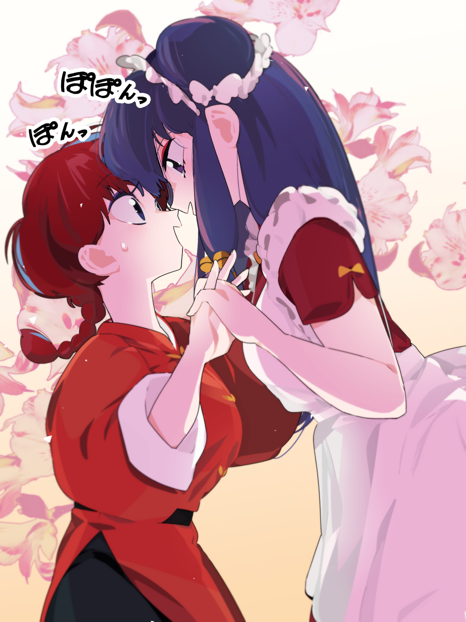 2girls apron black_pants black_sash blue_eyes blue_hair braid double_bun dress eye_contact face-to-face hair_bun highres interlocked_fingers kuroi_moyamoya looking_at_another multiple_girls noses_touching pants ranma-chan ranma_1/2 red_dress red_shirt redhead sash shampoo_(ranma_1/2) shirt short_sleeves single_braid smile violet_eyes white_apron yuri