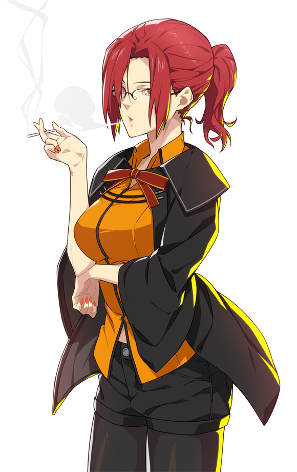 1girl aozaki_touko cigarette cosplay fate/grand_order fate_(series) fujimaru_ritsuka_(female) fujimaru_ritsuka_(female)_(mage's_association_uniform) fujimaru_ritsuka_(female)_(mage's_association_uniform)_(cosplay) glasses kara_no_kyoukai orange_nails red_eyes redhead sami_(object_dump) simple_background solo white_background