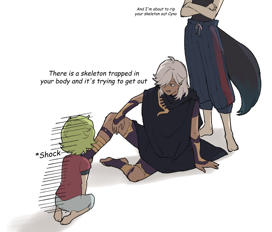 1girl 2boys aged_down ahoge barefoot behind_another child collei_(genshin_impact) crossed_arms cyno_(genshin_impact) english_commentary english_text female_child genshin_impact gloom_(expression) green_hair grey_hair grin head_out_of_frame kilt kochi003s looking_at_another multiple_boys puffy_pants red_eyes red_shirt shirt short_hair sitting smile tan tighnari_(genshin_impact) white_background