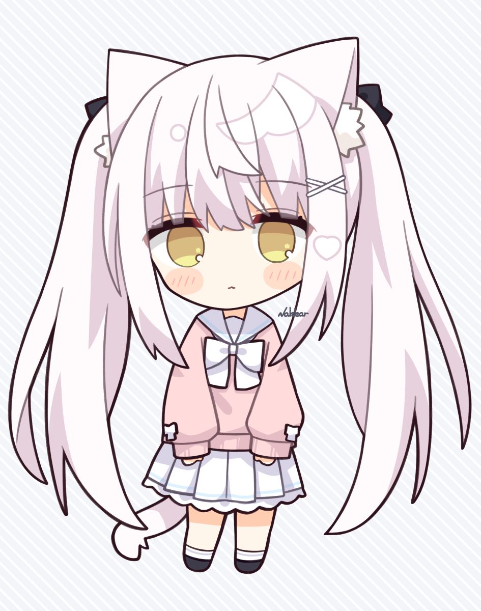 1girl :&lt; animal_ear_fluff animal_ears bangs black_bow black_footwear blush_stickers bow cat_ears cat_tail chibi closed_mouth commentary_request diagonal_stripes full_body grey_background hair_between_eyes hair_bow highres long_hair long_sleeves looking_at_viewer nakkar original pink_sweater pleated_skirt puffy_long_sleeves puffy_sleeves sailor_collar school_uniform serafuku shoes signature skirt sleeves_past_wrists socks solo standing striped striped_background sweater tail twintails very_long_hair white_bow white_hair white_sailor_collar white_skirt white_socks yellow_eyes