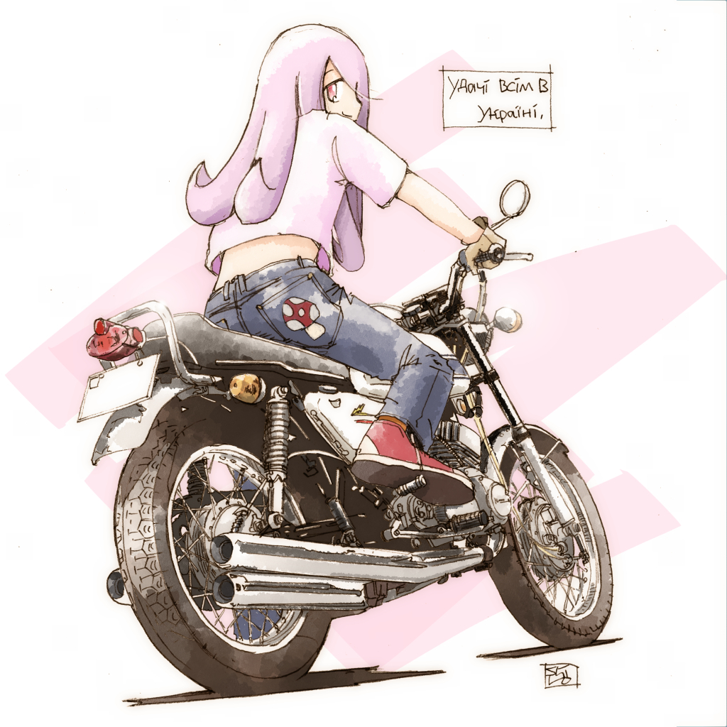 1girl alternate_costume brown_gloves denim exhaust_pipe from_behind gloves ground_vehicle jeans license_plate little_witch_academia looking_back midriff_peek motor_vehicle motorcycle pants purple_hair purple_shirt rear-view_mirror red_eyes red_footwear riding shiro0909 shirt shoes smile sneakers solo sucy_manbavaran translated ukrainian_text vehicle_focus