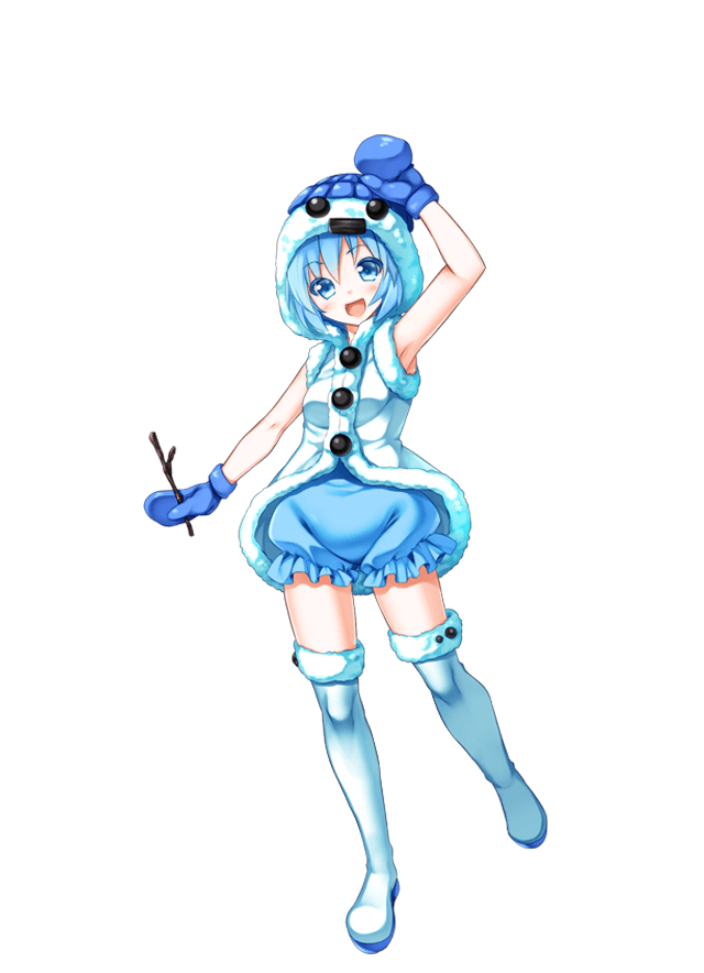 1girl :d arm_up blue_bloomers blue_hair blue_headwear blue_mittens blush boots coat dragon_providence full_body holding holding_stick knee_boots looking_at_viewer official_art short_hair smile snome_(dragon_providence) solo standing stick third-party_source white_coat white_footwear