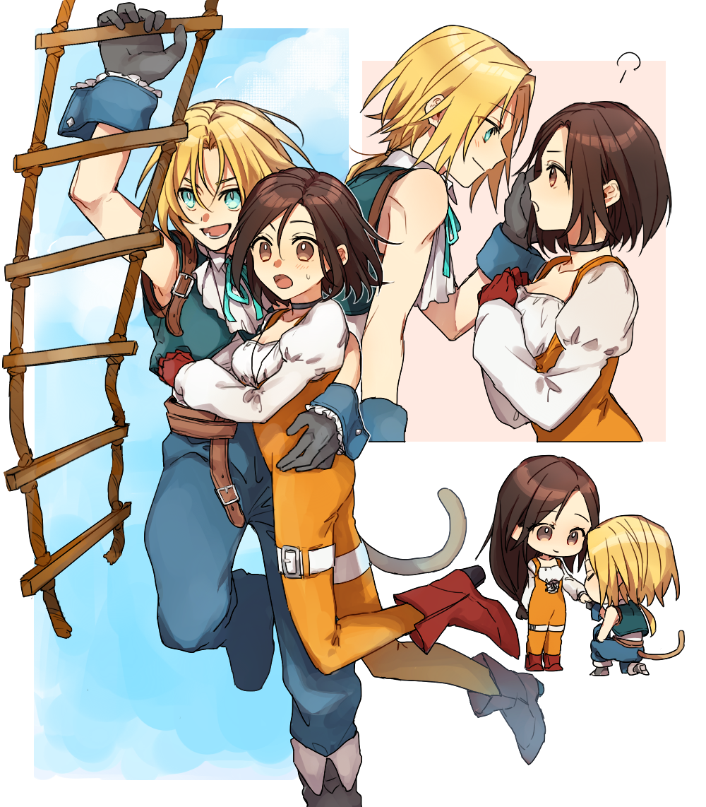 1boy 1girl bangs bare_shoulders belt_buckle blonde_hair blue_eyes blue_pants bodysuit boots brown_eyes brown_hair buckle carrying carrying_person choker couple final_fantasy final_fantasy_ix garnet_til_alexandros_xvii gloves grey_gloves hand_on_another's_face jewelry kiss kissing_hand leg_belt long_hair long_sleeves looking_at_another low-tied_long_hair multiple_views one_knee open_mouth orange_bodysuit pants parted_bangs pendant puffy_long_sleeves puffy_sleeves red_footwear red_gloves rope_ladder shirt short_hair tail tooru_(jux) zidane_tribal