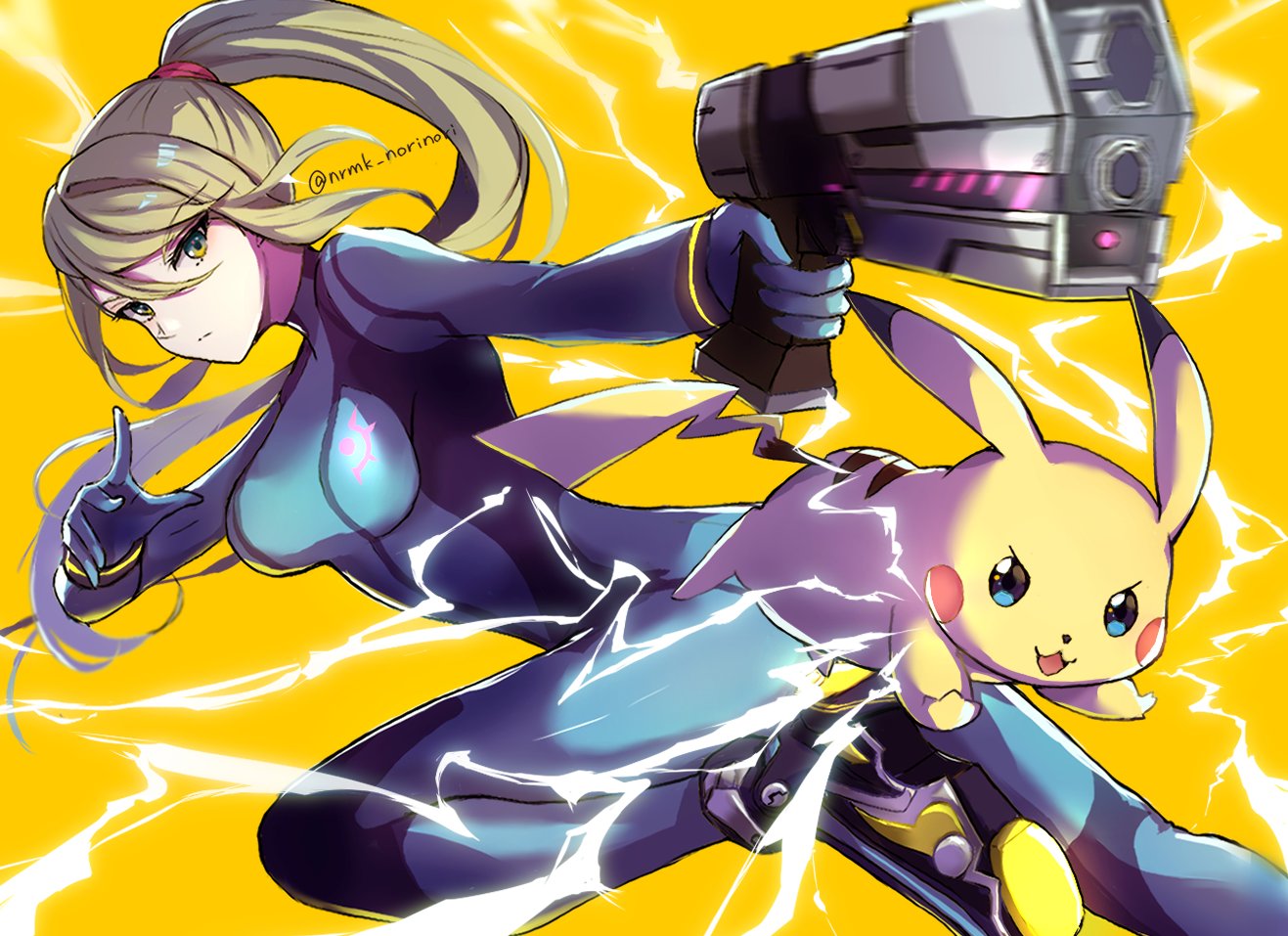 1girl bangs blonde_hair blue_eyes bodysuit breasts fusion_suit gun large_breasts long_hair looking_at_viewer metroid mole mole_under_mouth norimaki_(nrmk_norinori) pikachu pokemon pokemon_(creature) ponytail samus_aran simple_background skin_tight smile super_smash_bros. weapon zero_suit