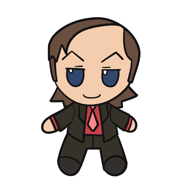 1boy better_call_saul blue_eyes breaking_bad brown_hair business_suit c: character_doll chibi closed_mouth english_commentary formal full_body fumo_(doll) long_sleeves looking_at_viewer male_focus necktie no_nose pink_necktie red_necktie saul_goodman simple_background slaygoodman smile solo straight-on suit white_background