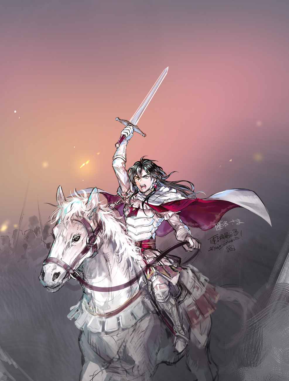 1boy arm_up armor armored_boots black_hair boots cloak constantine_xi_(fate) earrings embers fate/grand_order fate_(series) full_body gloves grey_eyes hair_between_eyes heki0529 highres holding holding_reins holding_sword holding_weapon horseback_riding jewelry long_hair looking_ahead male_focus open_mouth reins riding soldier solo_focus sword teeth v-shaped_eyebrows weapon white_armor white_cloak white_footwear white_gloves white_horse