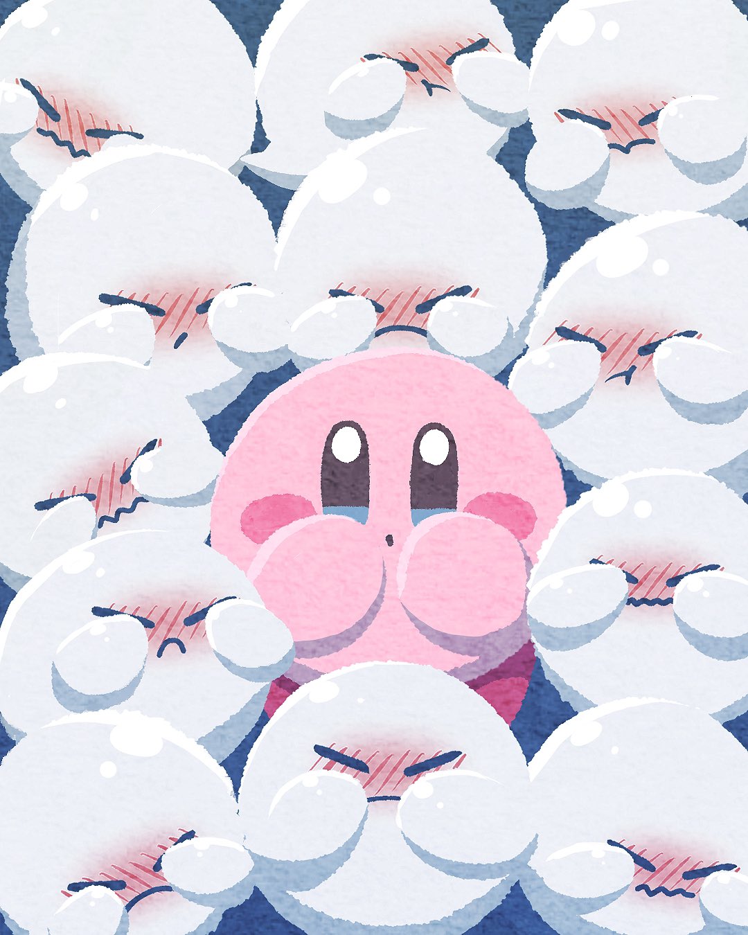 :o blue_background blue_eyes blush blush_stickers boo_(mario) closed_mouth commentary_request covering_face frown full-face_blush full_body ghost highres kirby kirby_(series) looking_at_viewer miclot no_humans parted_lips pink_footwear shoes shy super_mario_bros. wavy_mouth