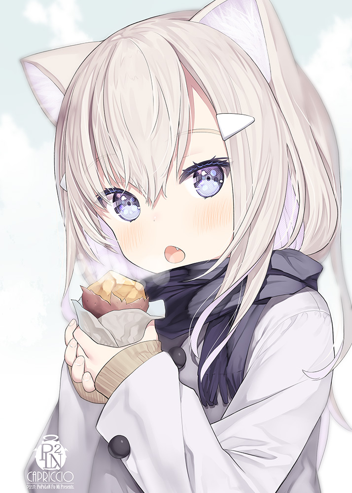 1girl :o animal_ear_fluff animal_ears artist_name bangs black_scarf blush brown_hair brown_sweater capriccio cat_ears coat commentary_request fang food fringe_trim grey_background grey_coat hair_between_eyes hair_ornament hairclip hands_up holding holding_food long_hair long_sleeves looking_at_viewer open_mouth original roasted_sweet_potato scarf sleeves_past_wrists solo steam sweater sweet_potato upper_body violet_eyes white_background