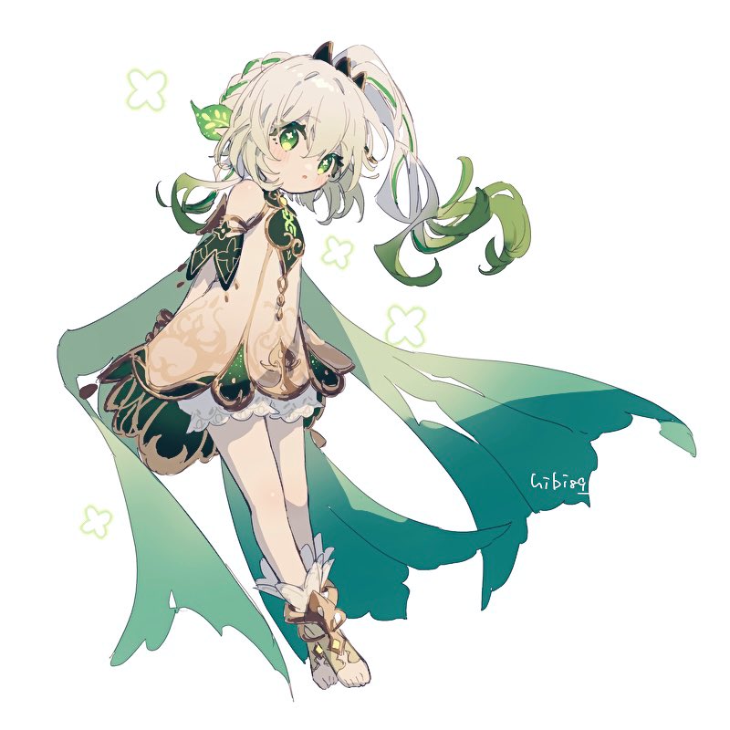 1girl anklet bangs blush bracelet braid cape cross-shaped_pupils detached_sleeves dress female_child genshin_impact gold_trim gradient_hair green_cape green_eyes green_hair green_sleeves hair_ornament hibi89 jewelry leaf_hair_ornament long_hair looking_at_viewer multicolored_hair nahida_(genshin_impact) parted_lips pointy_ears shorts side_braid side_ponytail sleeveless sleeveless_dress solo stirrup_footwear symbol-shaped_pupils toeless_footwear white_dress white_footwear white_hair white_shorts