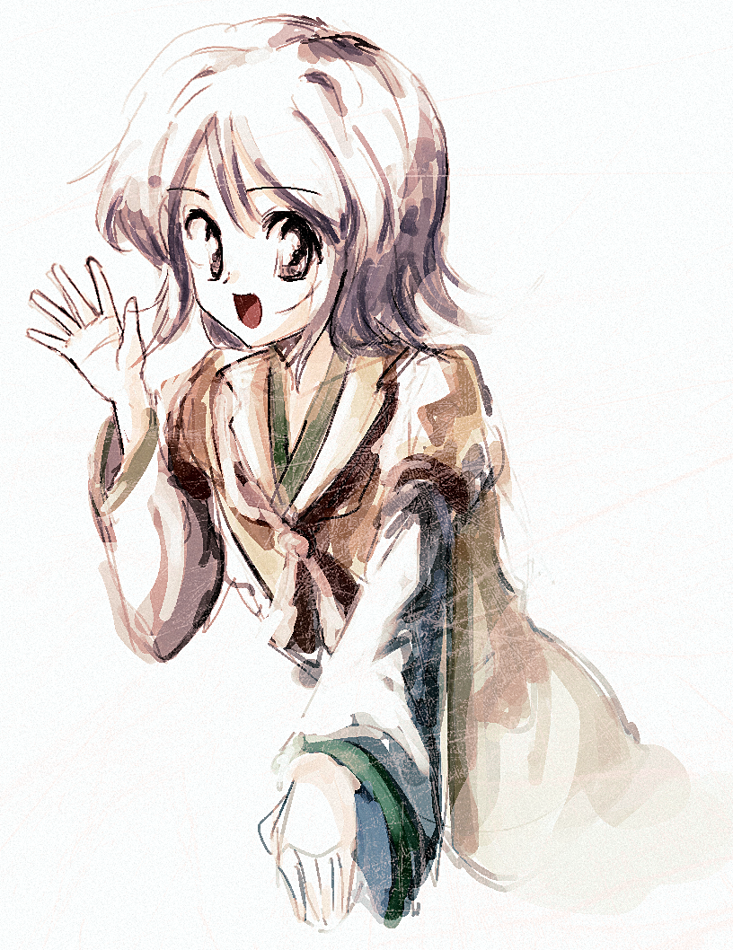 1other androgynous armor ascot atoymk brown_ascot brown_eyes commentary_request hand_up houlen_yabusame japanese_armor korean_commentary layered_sleeves len'en long_sleeves open_mouth short_hair short_over_long_sleeves short_sleeves simple_background sketch smile solo upper_body white_background white_hair