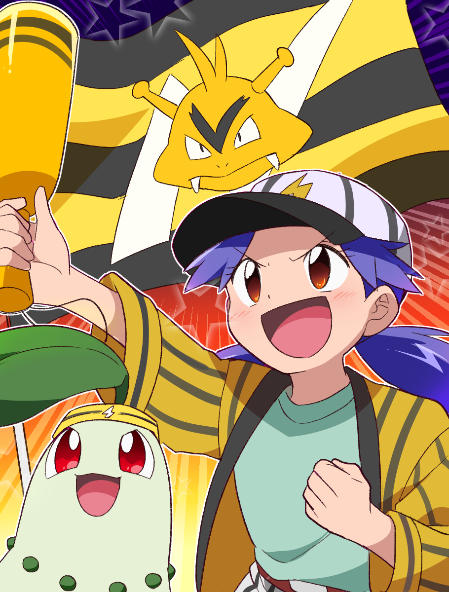 1girl :d baseball_cap belt belt_buckle blush brown_belt brown_eyes buckle casey_(pokemon) character_print chikorita clenched_hand commentary_request electabuzz flag green_shirt hat highres holding jacket long_hair open_clothes open_jacket open_mouth pokemon pokemon_(anime) pokemon_(classic_anime) pokemon_(creature) purple_hair quriltai shirt smile star_(symbol) tongue twintails white_headwear yellow_jacket