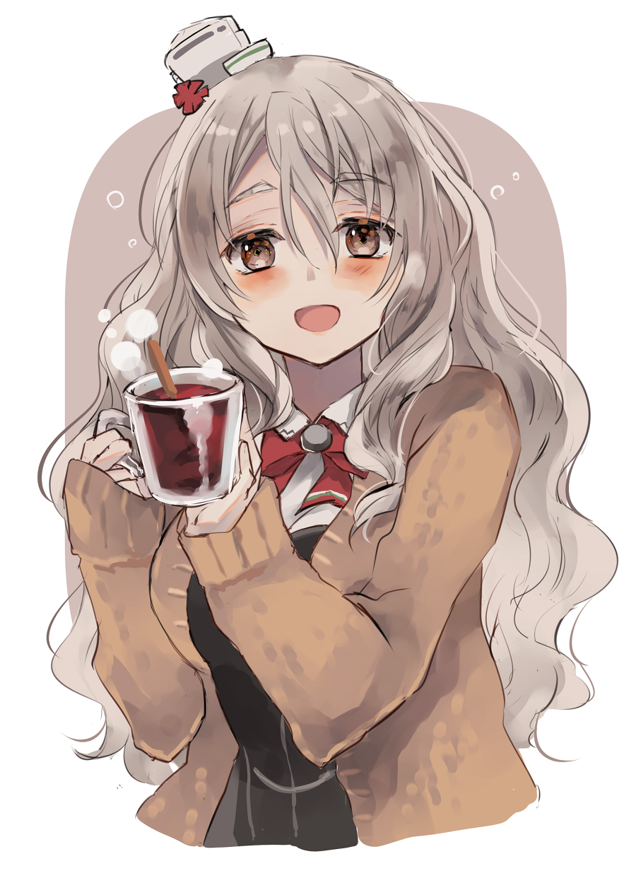 1girl alcohol black_corset blush brown_cardigan brown_eyes cardigan collared_shirt corset cup grey_hair hair_between_eyes hatomaru_(hatomaru56) highres holding holding_cup kantai_collection long_hair long_sleeves looking_at_viewer open_cardigan open_clothes open_mouth pola_(kancolle) shirt smile solo upper_body white_shirt wine