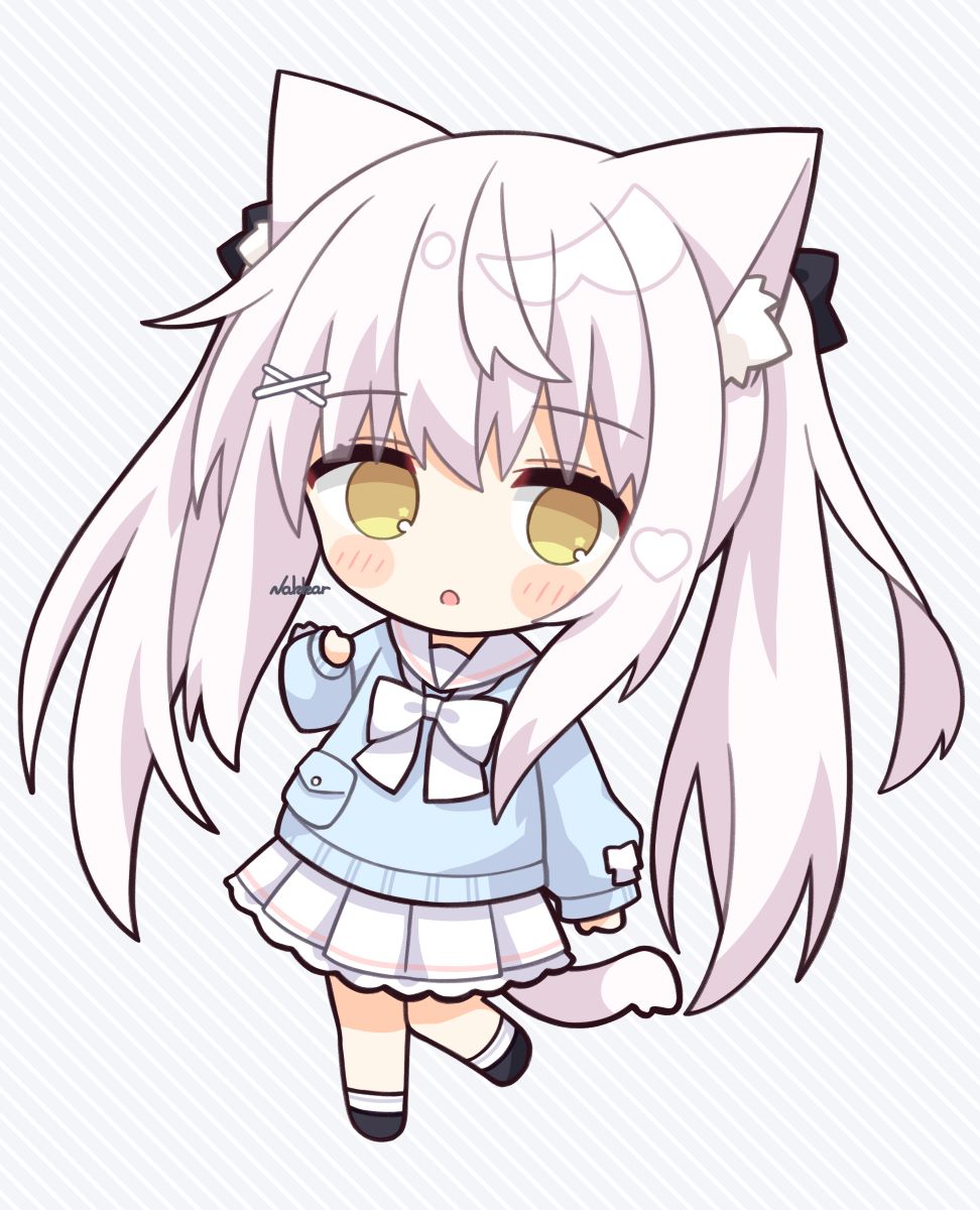 1girl :o animal_ear_fluff animal_ears black_bow black_footwear blue_sweater blush_stickers bow cat_ears cat_girl cat_tail chibi commentary_request diagonal_stripes full_body grey_background hair_bow hair_ornament hairclip hand_up heart highres long_hair long_sleeves looking_at_viewer nakkar original parted_lips pleated_skirt puffy_long_sleeves puffy_sleeves sailor_collar school_uniform serafuku shoes signature skirt sleeves_past_wrists socks solo standing standing_on_one_leg striped striped_background sweater tail twintails very_long_hair white_hair white_sailor_collar white_skirt white_socks x_hair_ornament yellow_eyes