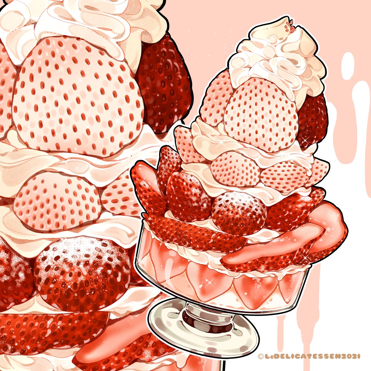 commentary cup food food_focus fruit highres le_delicatessen original parfait pink_background powdered_sugar sparkle still_life strawberry strawberry_parfait whipped_cream white_strawberry zoom_layer