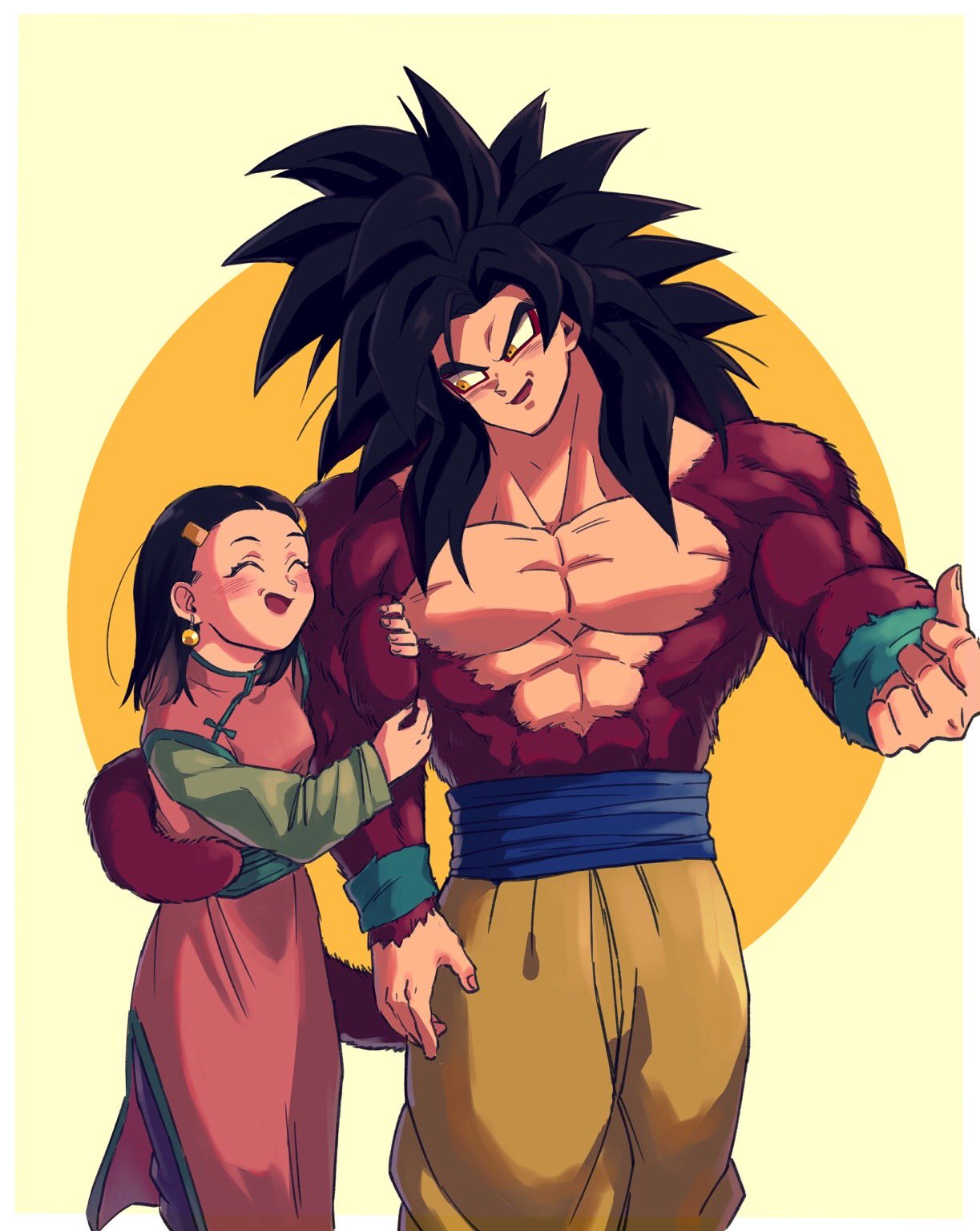 bare_pectorals biceps body_fur chi-chi_(dragon_ball) closed_eyes dragon_ball dragon_ball_gt height_difference highres husband_and_wife locked_arms monkey_boy monkey_tail open_mouth pectorals pink_hair relio_db318 short_hair side-by-side son_goku spiky_hair super_saiyan super_saiyan_4 tail