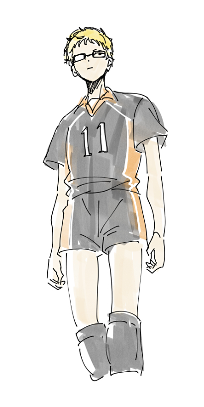 1boy black_shirt black_shorts blonde_hair brown_eyes feet_out_of_frame glasses haikyuu!! karasuno_volleyball_uniform knee_pads male_focus satou6565 shirt short_hair shorts sketch solo sportswear standing tsukishima_kei volleyball_uniform