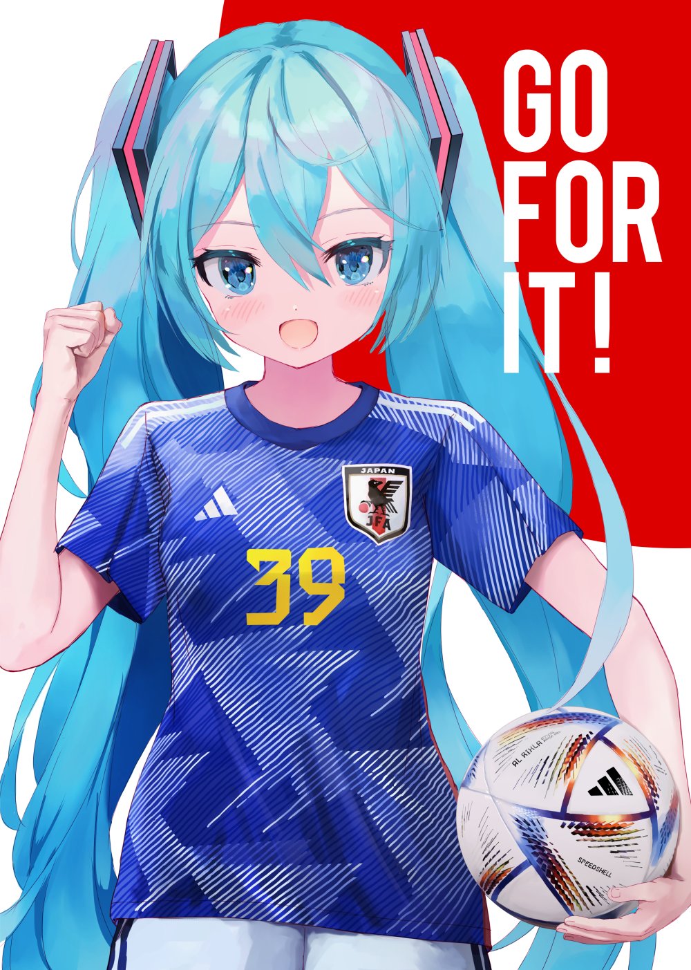 2022_fifa_world_cup al_rihla ball bangs blue_eyes blue_hair blush clenched_hand english_text hair_between_eyes hatsune_miku highres holding holding_ball long_hair looking_at_viewer open_mouth shorts smile soccer_ball solo takepon1123 twintails very_long_hair vocaloid white_shorts world_cup