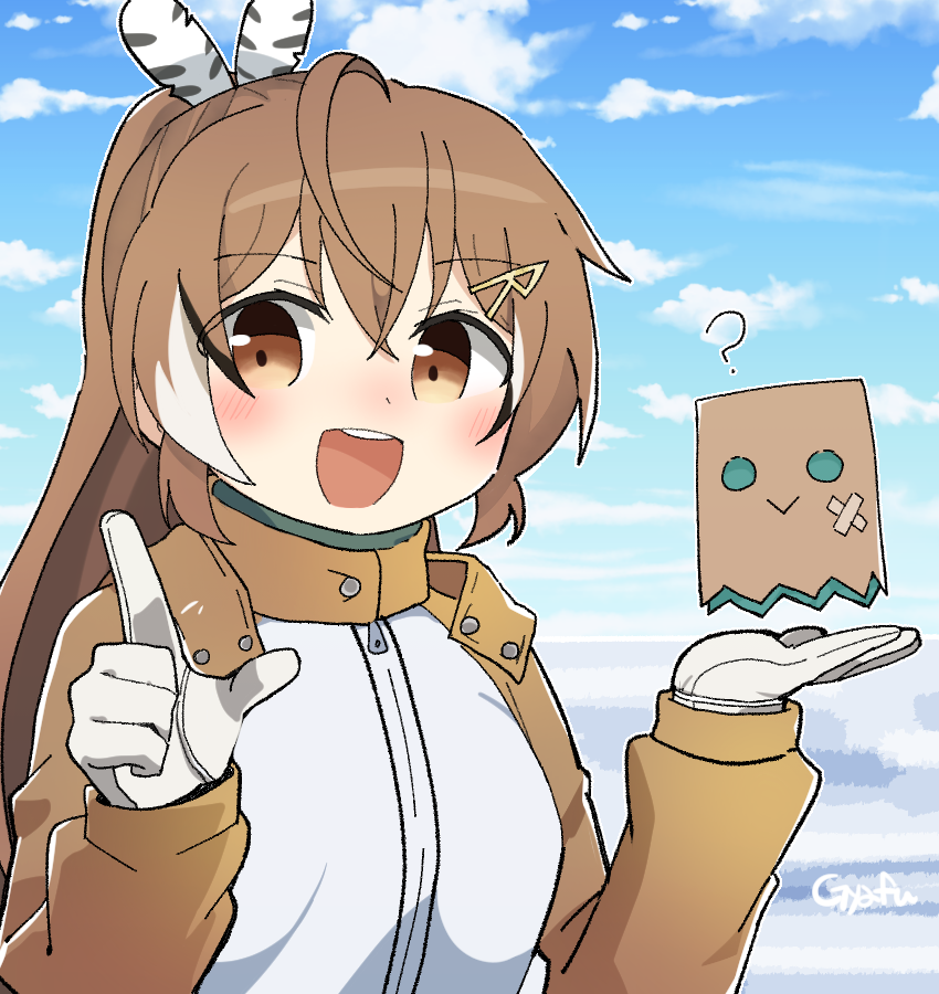 1girl :d ? ahoge bangs brown_eyes brown_hair clouds cloudy_sky coat cosplay feather_hair_ornament feathers friend_(nanashi_mumei) gloves gyaheung hair_ornament hairclip hololive hololive_english ice jacket long_hair looking_at_viewer multicolored_hair nanashi_mumei orange_coat orange_jacket parka ponytail presenting scene_reference sky smile sora_yori_mo_tooi_basho streaked_hair tamaki_mari tamaki_mari_(cosplay) teeth upper_body upper_teeth very_long_hair virtual_youtuber white_gloves winter_clothes