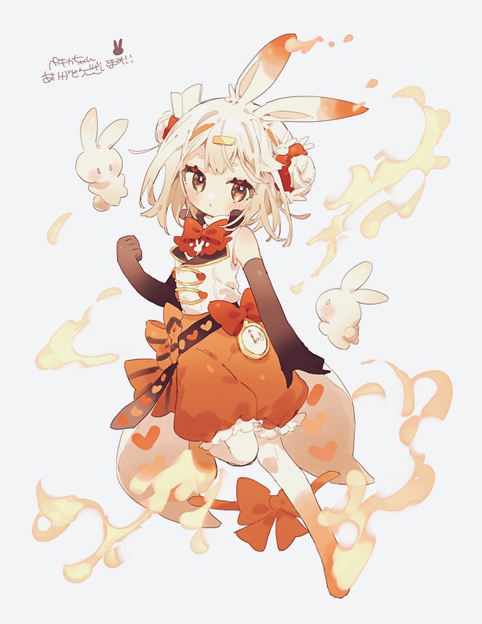 1girl animal_ears bandaid bandaid_on_head black_gloves bow brown_eyes double_bun elbow_gloves gloves gradient gradient_legwear hair_bun hibi89 medium_hair orange_bow orange_pants pants personification pocket_watch pokemon rabbit rabbit_ears scorbunny shirt sleeveless sleeveless_shirt solo watch white_hair white_shirt