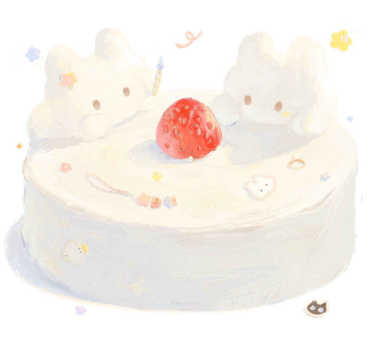 animal_focus cake food fruit gummy_(happyyu) no_humans original rabbit strawberry strawberry_shortcake