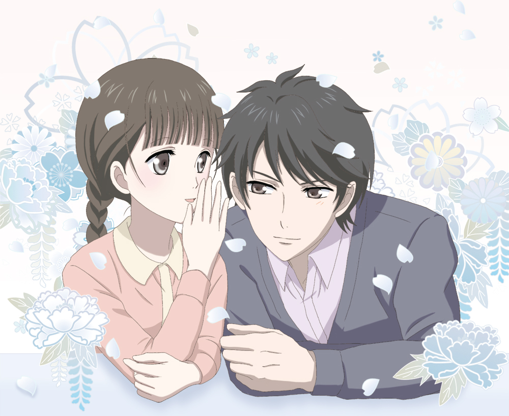 1boy 1girl arm_rest bangs black_eyes black_hair blue_flower braid brown_hair cardigan cherry_blossoms chiyoka closed_mouth collared_shirt commentary cropped_torso elbow_rest floral_background flower grey_cardigan hand_on_own_elbow light_blue_background long_sleeves looking_at_another mixed-language_commentary open_mouth petals pink_shirt rdg_red_data_girl sagara_miyuki shirt short_hair suzuhara_izumiko two-tone_shirt whispering white_background white_shirt