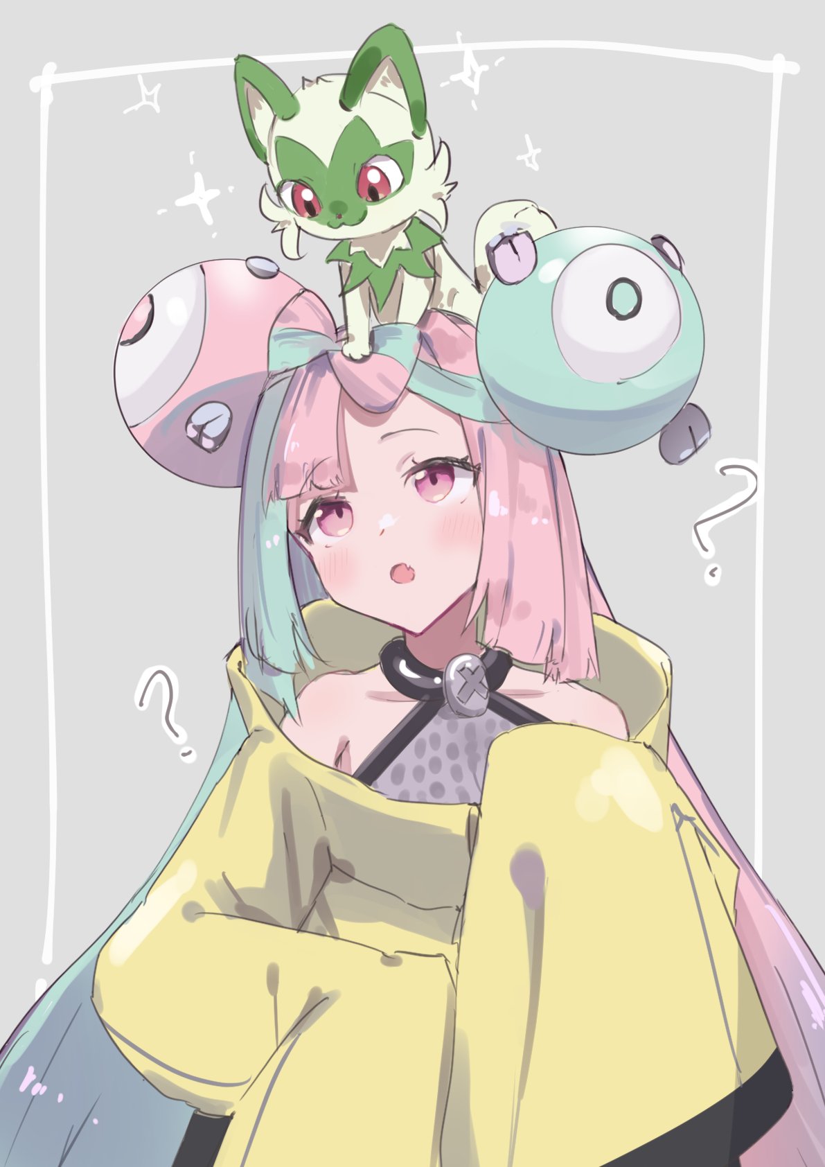 1girl aqua_hair bow-shaped_hair character_hair_ornament hair_ornament hexagon_print highres iono_(pokemon) jacket long_hair low-tied_long_hair multicolored_hair oversized_clothes pink_eyes pink_hair pokemon sharp_teeth sleeves_past_fingers sleeves_past_wrists sprigatito teeth twintails two-tone_hair usaginoakubi802 very_long_hair yellow_jacket