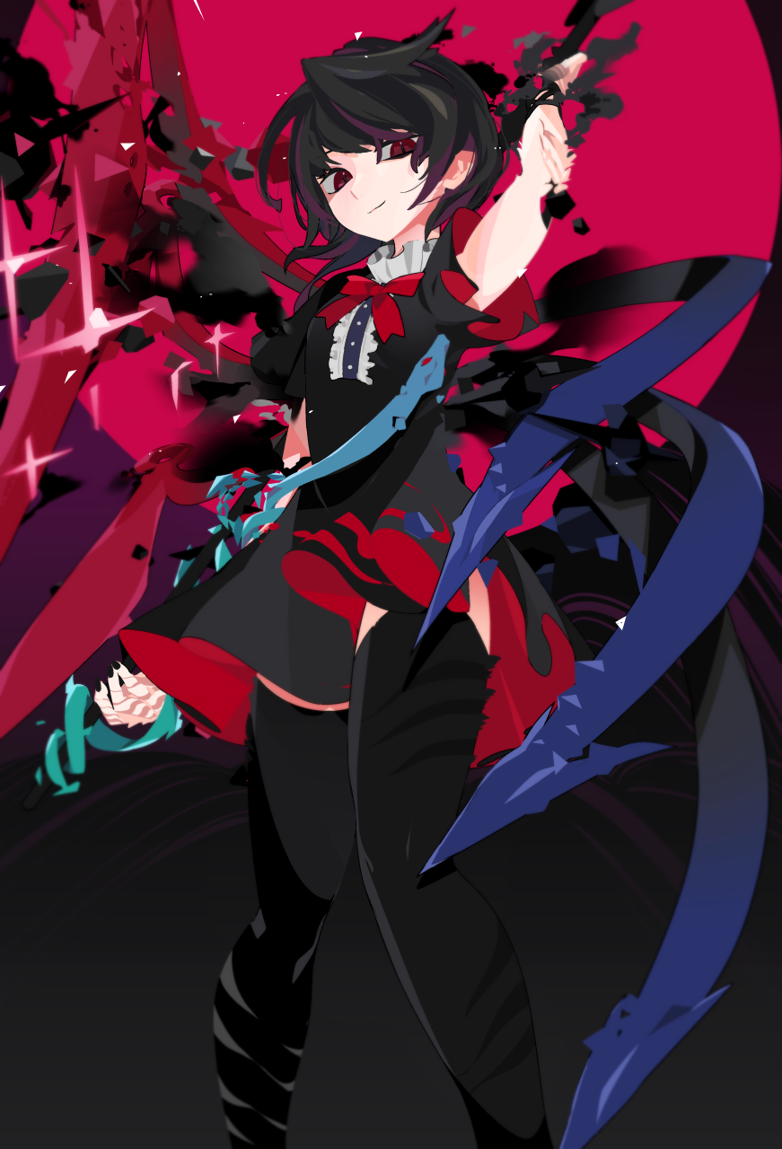 1girl asymmetrical_wings black_dress black_hair black_thighhighs bow bowtie closed_mouth dress feet_out_of_frame hand_up highres houjuu_nue kuroi_moyamoya looking_at_viewer medium_hair red_bow red_bowtie red_eyes short_dress smile solo thigh-highs touhou wings