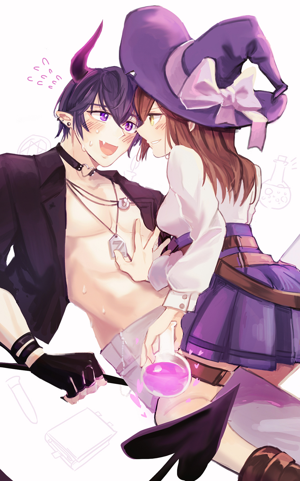 1boy 1girl :d abs bangs black_choker black_gloves black_shirt breasts brown_hair choker collared_shirt demon_horns demon_tail dog_tags earrings fingerless_gloves flask gloves green_eyes grin hat highres holding holding_flask horns jewelry long_hair long_sleeves looking_at_another marius_von_hagen_(tears_of_themis) muscular muscular_male open_clothes open_shirt pants pointy_ears potion purple_hair purple_skirt remosea rosa_(tears_of_themis) shirt short_hair simple_background skirt smile tail tears_of_themis teeth violet_eyes white_background white_pants white_shirt witch witch_hat