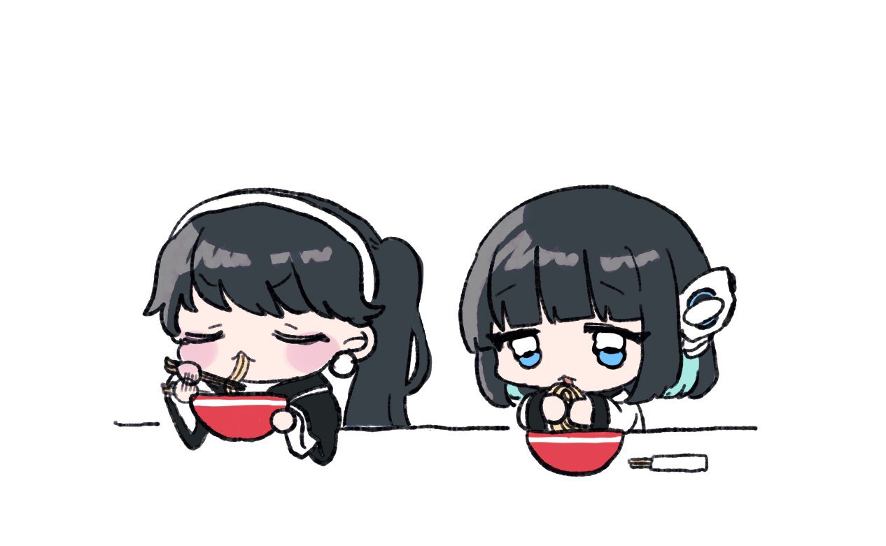 2girls ai_drawing_anime_characters_eating_ramen_(meme) android black_hair black_jacket blue_eyes blush blush_stickers bowl chibi chopsticks creator_connection eating food holding holding_bowl humagear_headphones is_(kamen_rider_01) jacket kamen_rider kamen_rider_01_(series) kamen_rider_geats_(series) meme multicolored_clothes multicolored_jacket multiple_girls noodles ramen simple_background tanikomotimoti tsumuri_(kamen_rider_geats) two-tone_jacket white_background white_jacket