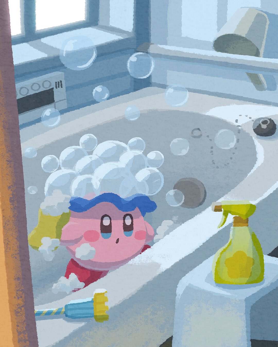 :o bathtub blue_eyes blush blush_stickers bottle bubble cleaning commentary_request full_body highres holding holding_sponge indoors kirby kirby_(series) miclot no_humans parted_lips red_footwear shoes shower_cap shower_curtain soap_bubbles sponge spray_bottle standing star_(symbol) stool window