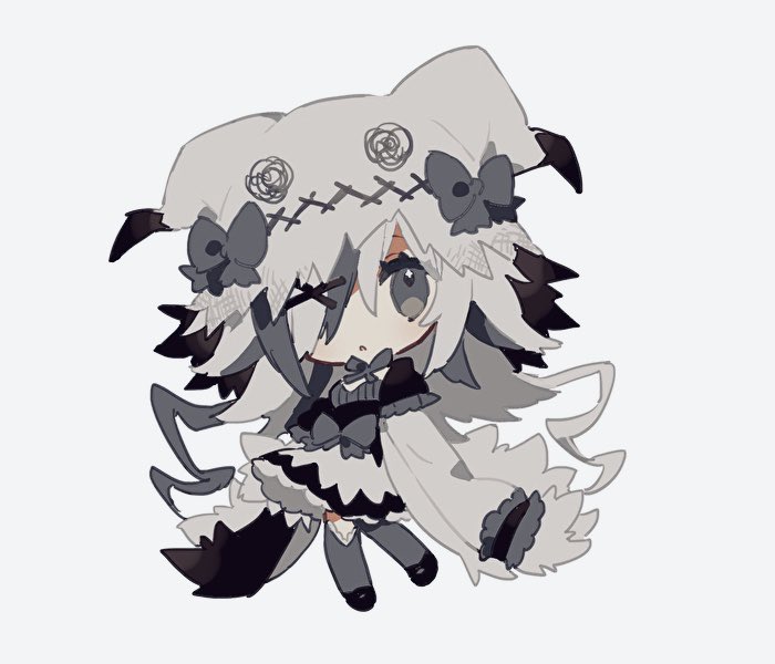 1girl animal_ears black_dress bow chibi coat dress fake_animal_ears full_body grey_bow grey_eyes grey_hair grey_thighhighs hibi89 long_hair looking_at_viewer mimikyu multicolored_hair personification pokemon scribble simple_background solo streaked_hair thigh-highs very_long_hair white_background white_coat white_hair