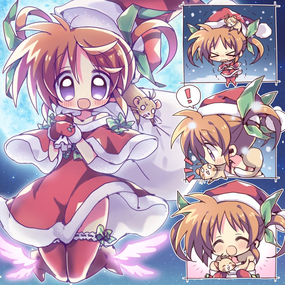 ! 1girl ^^^ animal animal_around_neck animal_on_head animal_on_shoulder bow_legwear brown_hair capelet christmas closed_eyes dress ferret floating foot_worship hair_ribbon hat holding holding_animal holding_sack kiba_yaeba lace-trimmed_thighhighs legs_up looking_at_viewer lyrical_nanoha mahou_shoujo_lyrical_nanoha medium_dress night notice_lines on_head open_mouth outdoors outside_border over_shoulder red_capelet red_dress red_headwear red_mittens red_thighhighs ribbon sack santa_dress santa_hat sky smile snowing spoken_exclamation_mark star_(sky) starry_sky takamachi_nanoha thigh-highs trembling twintails violet_eyes yuuno_scrya