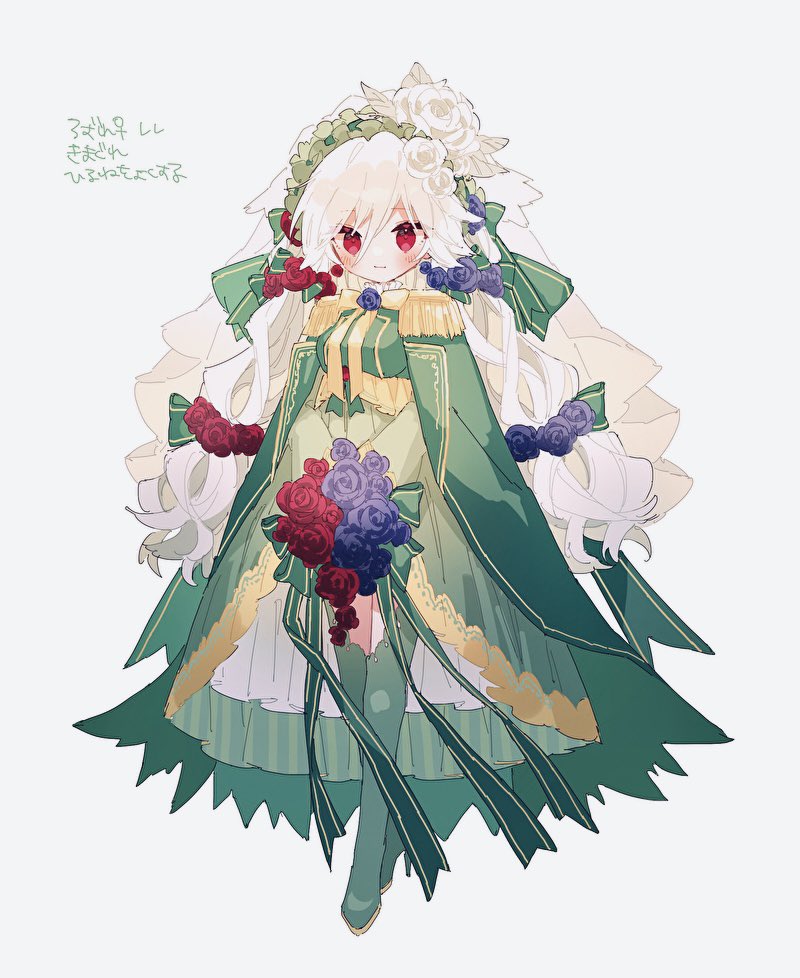 1girl blue_flower blue_rose blush boots bouquet bow cape dress epaulettes flower gold_trim green_bow green_cape green_dress green_footwear green_thighhighs hibi89 holding holding_bouquet looking_at_viewer low_twintails personification pokemon red_eyes red_flower red_rose rose roserade smile solo thigh-highs thigh_boots twintails veil white_flower white_hair white_rose