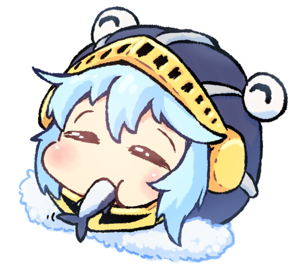 1other androgynous blue_hair blue_headwear chibi closed_eyes commentary_request eating fish food food_in_mouth fur_trim helmet len'en light_blue_hair moritake_medias short_hair simple_background solo white_background yuejiao_tuan