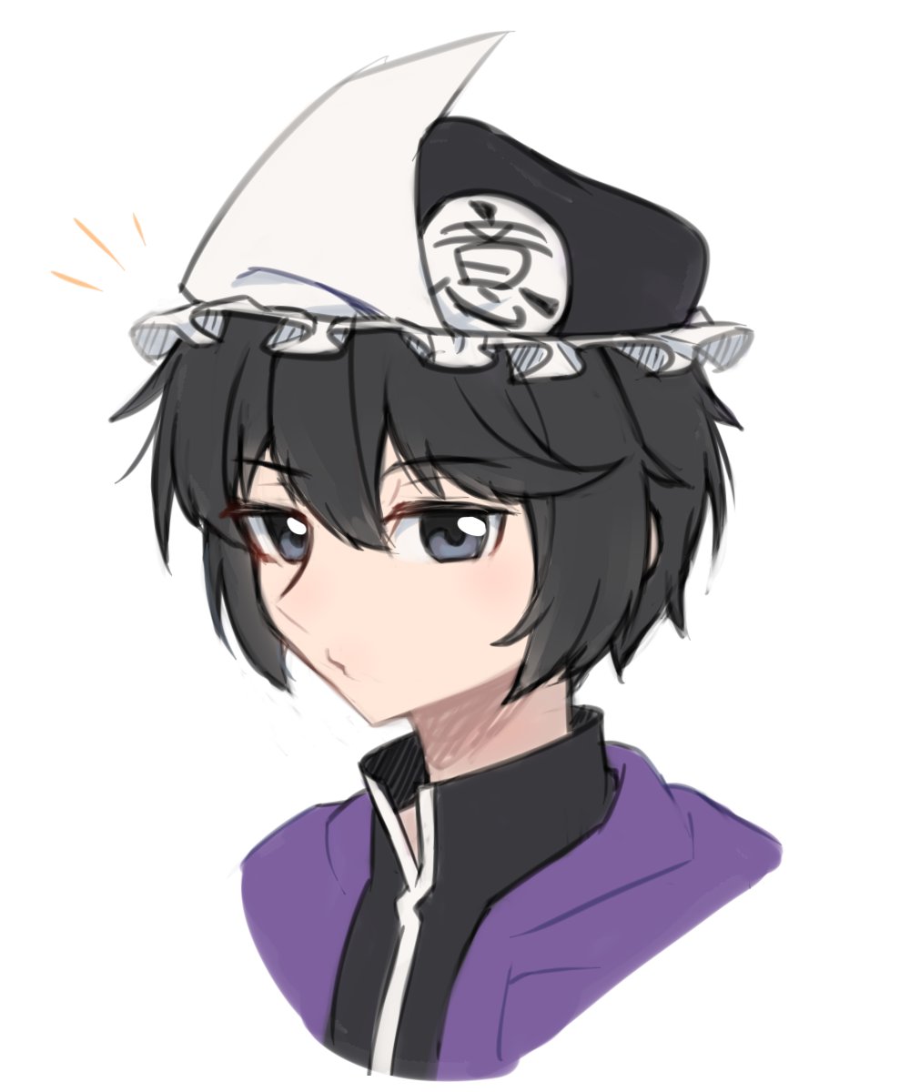 1other androgynous bangs black_hair black_headwear black_shirt closed_mouth commentary frilled_hat frills grey_eyes hat highres jacket kanji len'en open_clothes open_jacket portrait purple_jacket shirt shitodo_kuroji short_hair simple_background solo translation_request white_background yuejiao_tuan