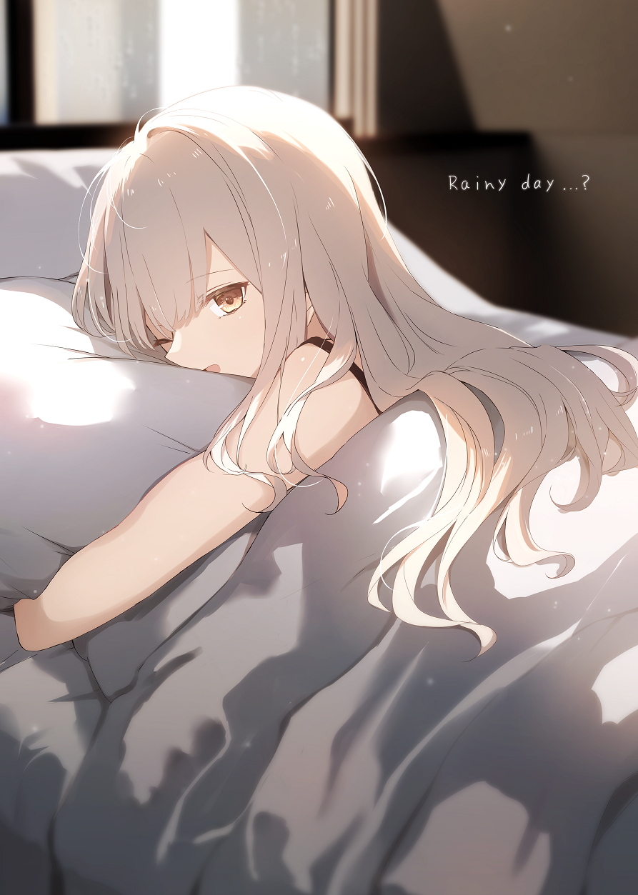 1girl ;d a.a_(aa772) bare_shoulders bed blurry blurry_background brown_eyes brown_hair commentary_request depth_of_field english_text highres indoors long_hair looking_at_viewer lying object_hug on_stomach one_eye_closed original pillow pillow_hug rain sleeveless smile solo under_covers window