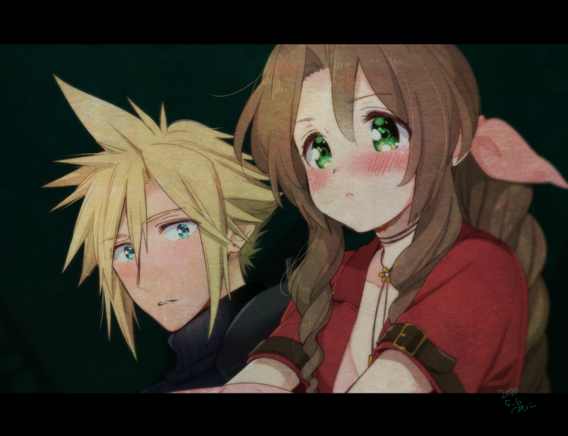 1boy 1girl aerith_gainsborough aqua_eyes armor bangs black_background blonde_hair blush braid braided_ponytail brown_hair choker cloud_strife dress final_fantasy final_fantasy_vii final_fantasy_vii_remake flower_choker green_eyes hair_between_eyes hair_ribbon jacket krudears letterboxed long_hair looking_at_another parted_bangs parted_lips pink_dress pink_ribbon red_jacket ribbon sharp_teeth short_hair short_sleeves shoulder_armor sidelocks sitting teeth turtleneck