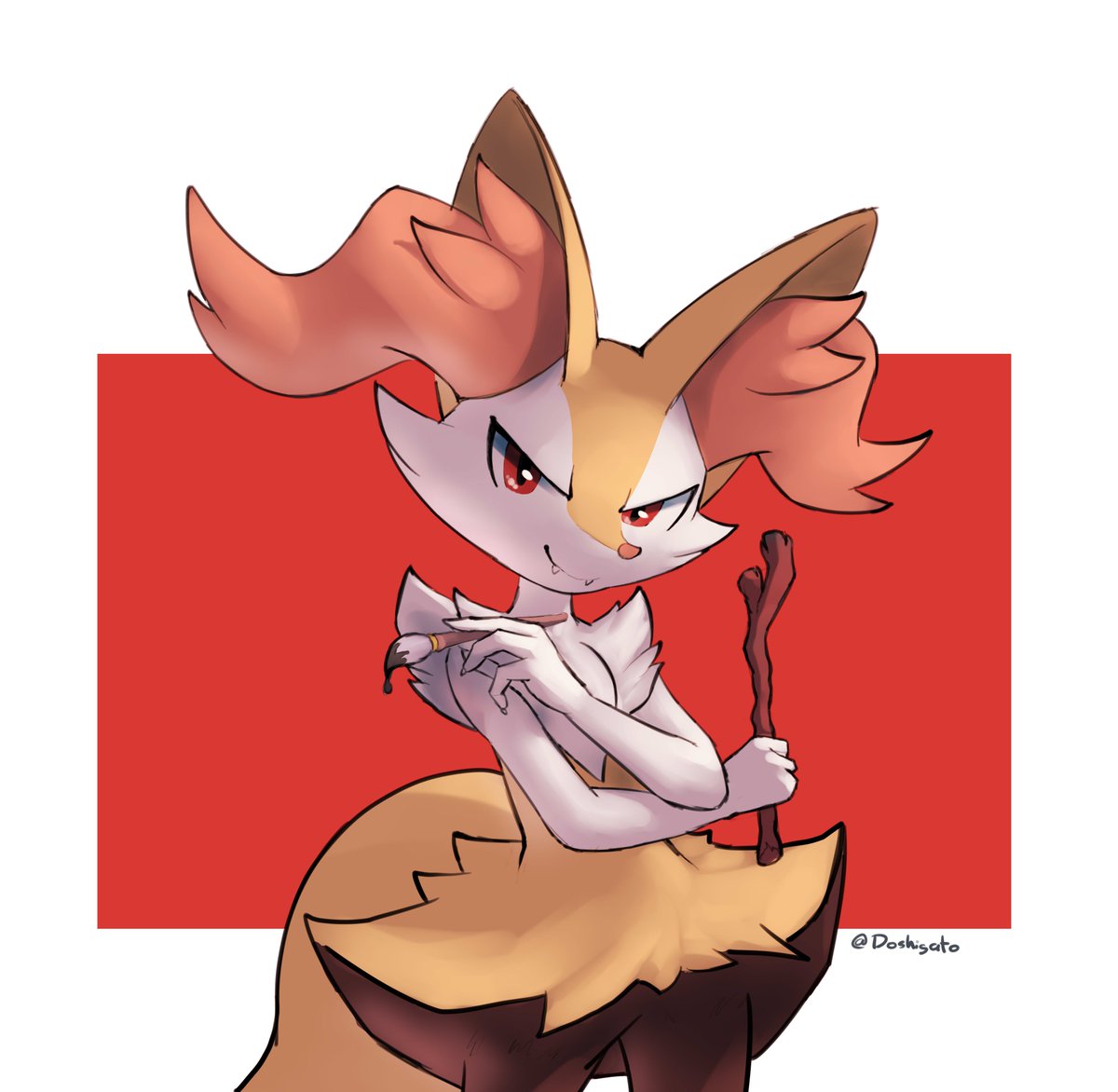 1girl animal_ear_fluff animal_ears black_fur braixen closed_mouth commentary cowboy_shot crossed_arms doshigato english_commentary fangs fox_ears fox_tail fur_collar furry furry_female hand_up holding holding_paintbrush holding_stick looking_at_viewer multicolored_fur orange_fur paintbrush pokemon pokemon_(creature) red_background red_eyes red_nose simple_background smile snout solo standing stick tail tsurime twitter_username two-tone_background white_background white_fur yellow_fur