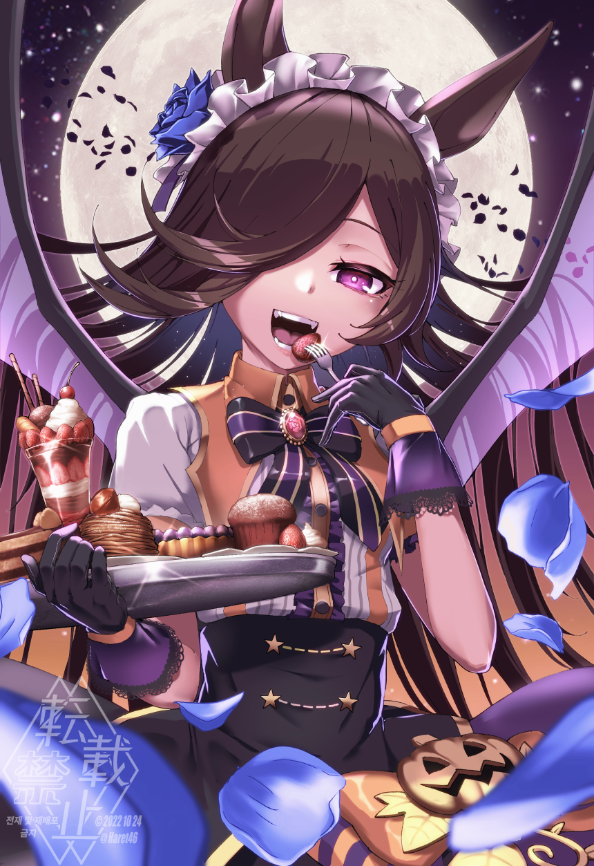 1girl animal_ears blue_flower blue_rose bow bowtie brown_hair cake cake_slice cupcake demon_wings dress fake_wings flower food fork fruit full_moon gloves hair_flower hair_ornament hair_over_one_eye halloween_costume highres holding holding_fork horse_ears horse_girl ice_cream kagami_(haret46) long_hair looking_at_viewer moon night night_sky outdoors petals pink_eyes purple_bow purple_bowtie purple_gloves rice_shower_(make_up_vampire!)_(umamusume) rice_shower_(umamusume) rose short_sleeves sky solo strawberry sundae umamusume white_dress wings